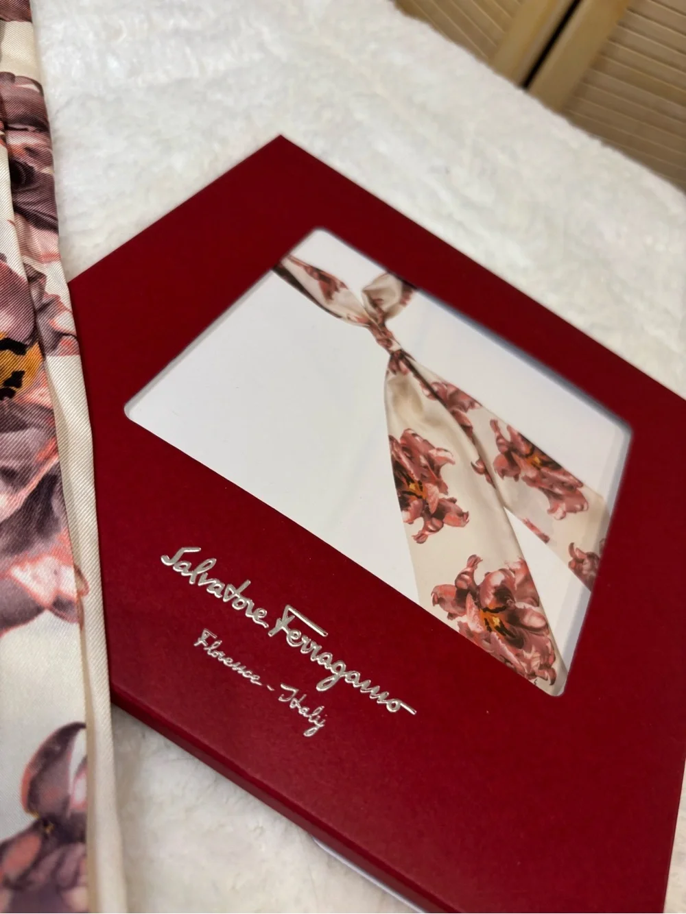 Salvatore Ferragamo Cream Silk Scarf with Pink and Brown Floral Print